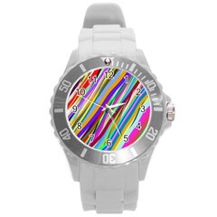 Multi Color Tangled Ribbons Background Wallpaper Round Plastic Sport Watch (l) by Amaryn4rt