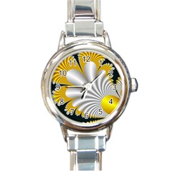 Fractal Gold Palm Tree On Black Background Round Italian Charm Watch by Amaryn4rt