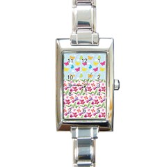 Watercolor flowers and butterflies pattern Rectangle Italian Charm Watch