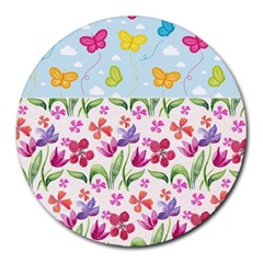 Watercolor Flowers And Butterflies Pattern Round Mousepads by TastefulDesigns