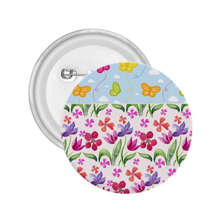 Watercolor flowers and butterflies pattern 2.25  Buttons