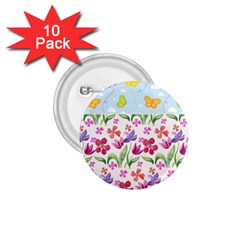 Watercolor flowers and butterflies pattern 1.75  Buttons (10 pack)