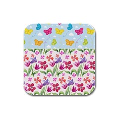 Watercolor flowers and butterflies pattern Rubber Square Coaster (4 pack) 