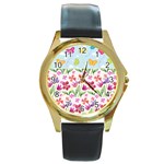 Watercolor flowers and butterflies pattern Round Gold Metal Watch Front