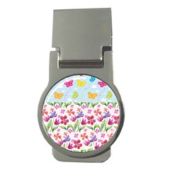 Watercolor flowers and butterflies pattern Money Clips (Round) 