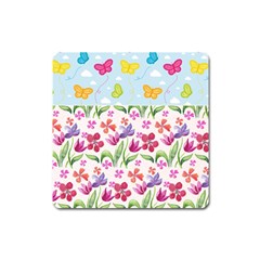 Watercolor flowers and butterflies pattern Square Magnet