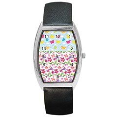 Watercolor flowers and butterflies pattern Barrel Style Metal Watch