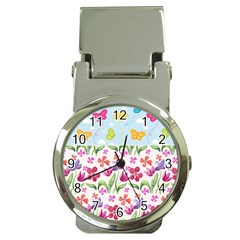 Watercolor Flowers And Butterflies Pattern Money Clip Watches