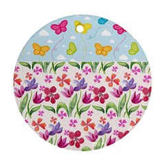 Watercolor flowers and butterflies pattern Round Ornament (Two Sides)