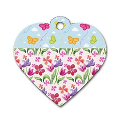 Watercolor flowers and butterflies pattern Dog Tag Heart (Two Sides)