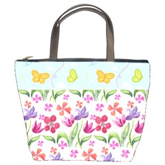 Watercolor Flowers And Butterflies Pattern Bucket Bags by TastefulDesigns