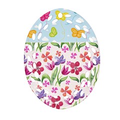 Watercolor Flowers And Butterflies Pattern Ornament (oval Filigree)