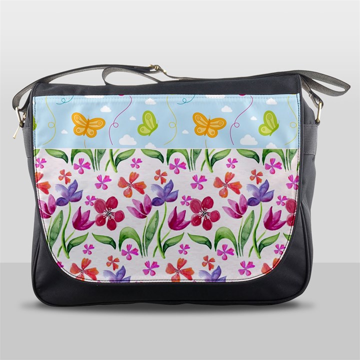 Watercolor flowers and butterflies pattern Messenger Bags