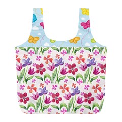 Watercolor flowers and butterflies pattern Full Print Recycle Bags (L) 