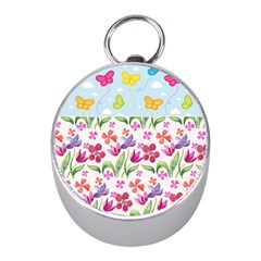 Watercolor flowers and butterflies pattern Mini Silver Compasses