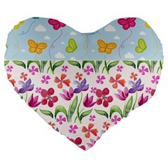 Watercolor flowers and butterflies pattern Large 19  Premium Flano Heart Shape Cushions