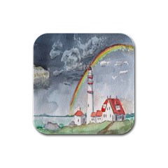 Watercolour Lighthouse Rainbow Rubber Square Coaster (4 Pack)  by Amaryn4rt