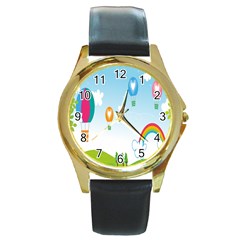 Landscape Sky Rainbow Garden Round Gold Metal Watch by Amaryn4rt