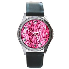 An Unusual Background Photo Of Black Swirls On Pink And Magenta Round Metal Watch by Amaryn4rt