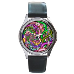 Fractal Background With Tangled Color Hoses Round Metal Watch by Amaryn4rt