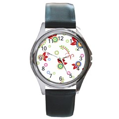 Colorful Floral Wallpaper Background Pattern Round Metal Watch by Amaryn4rt