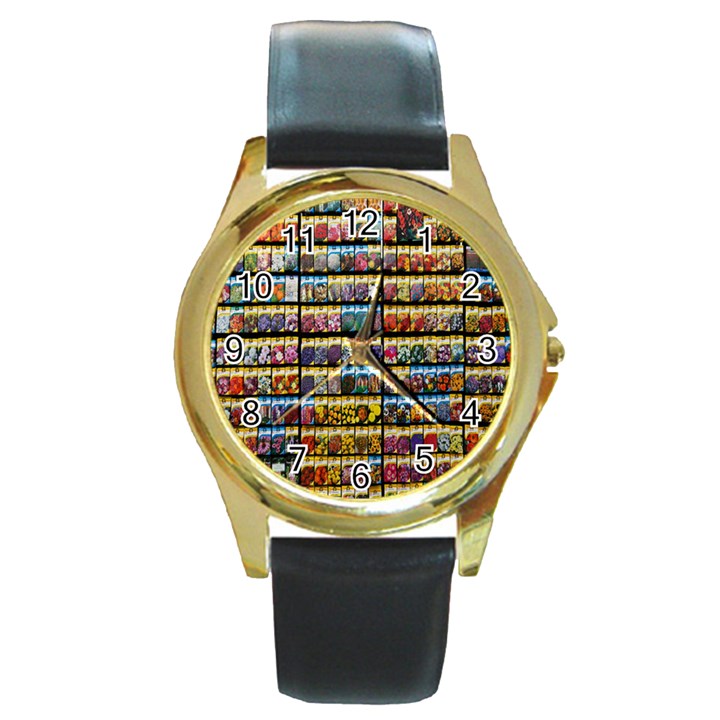 Flower Seeds For Sale At Garden Center Pattern Round Gold Metal Watch