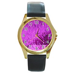 Purple Background Scrapbooking Paper Round Gold Metal Watch by Amaryn4rt