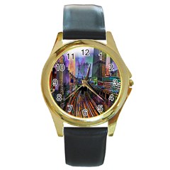 Downtown Chicago Round Gold Metal Watch by Amaryn4rt