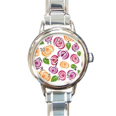 Colorful Seamless Floral Flowers Pattern Wallpaper Background Round Italian Charm Watch by Amaryn4rt