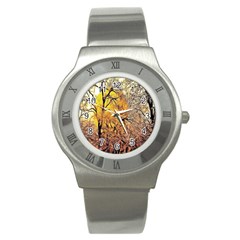 Summer Sun Set Fractal Forest Background Stainless Steel Watch by Amaryn4rt