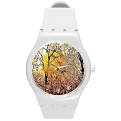 Summer Sun Set Fractal Forest Background Round Plastic Sport Watch (m) by Amaryn4rt