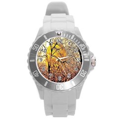 Summer Sun Set Fractal Forest Background Round Plastic Sport Watch (l) by Amaryn4rt