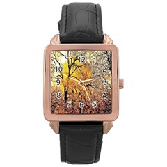 Summer Sun Set Fractal Forest Background Rose Gold Leather Watch  by Amaryn4rt