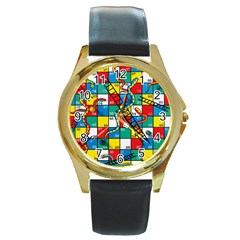 Snakes And Ladders Round Gold Metal Watch by Amaryn4rt