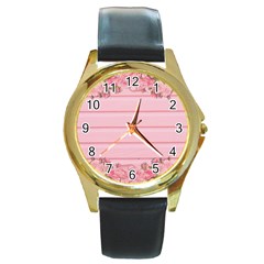 Pink Peony Outline Romantic Round Gold Metal Watch by Simbadda