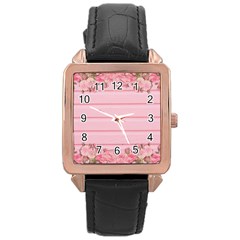 Pink Peony Outline Romantic Rose Gold Leather Watch  by Simbadda