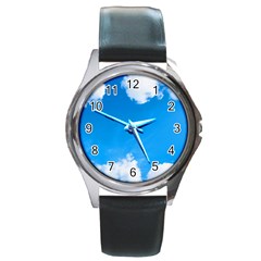 Sky Clouds Blue White Weather Air Round Metal Watch by Simbadda