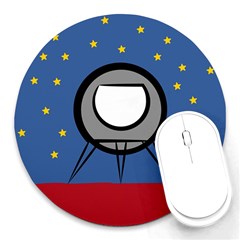 A Rocket Ship Sits On A Red Planet With Gold Stars In The Background Round Mousepads by Simbadda