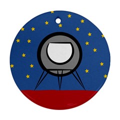 A Rocket Ship Sits On A Red Planet With Gold Stars In The Background Ornament (round) by Simbadda