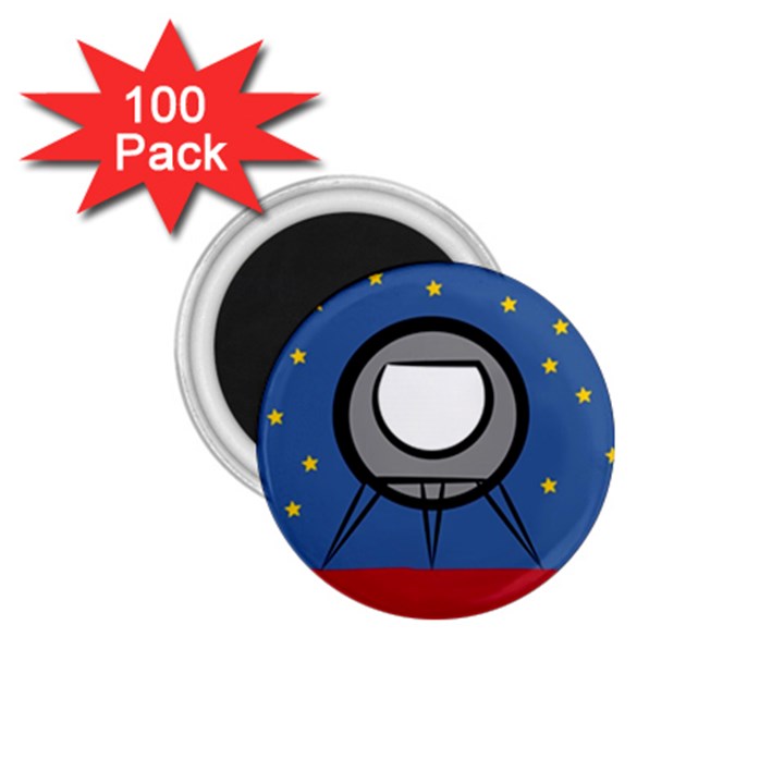 A Rocket Ship Sits On A Red Planet With Gold Stars In The Background 1.75  Magnets (100 pack) 