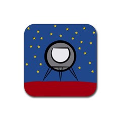 A Rocket Ship Sits On A Red Planet With Gold Stars In The Background Rubber Coaster (square)  by Simbadda