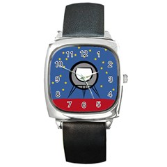 A Rocket Ship Sits On A Red Planet With Gold Stars In The Background Square Metal Watch by Simbadda