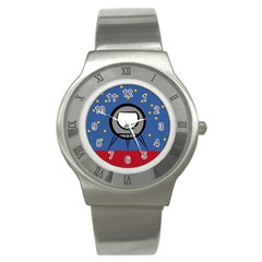 A Rocket Ship Sits On A Red Planet With Gold Stars In The Background Stainless Steel Watch by Simbadda