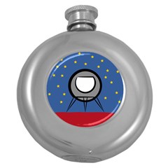 A Rocket Ship Sits On A Red Planet With Gold Stars In The Background Round Hip Flask (5 Oz) by Simbadda