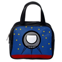 A Rocket Ship Sits On A Red Planet With Gold Stars In The Background Classic Handbags (one Side) by Simbadda