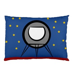 A Rocket Ship Sits On A Red Planet With Gold Stars In The Background Pillow Case by Simbadda