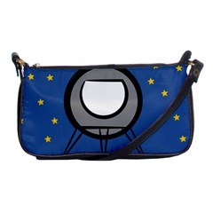 A Rocket Ship Sits On A Red Planet With Gold Stars In The Background Shoulder Clutch Bags by Simbadda