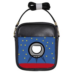 A Rocket Ship Sits On A Red Planet With Gold Stars In The Background Girls Sling Bags by Simbadda