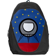 A Rocket Ship Sits On A Red Planet With Gold Stars In The Background Backpack Bag by Simbadda