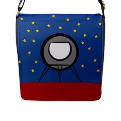 A Rocket Ship Sits On A Red Planet With Gold Stars In The Background Flap Messenger Bag (l)  by Simbadda